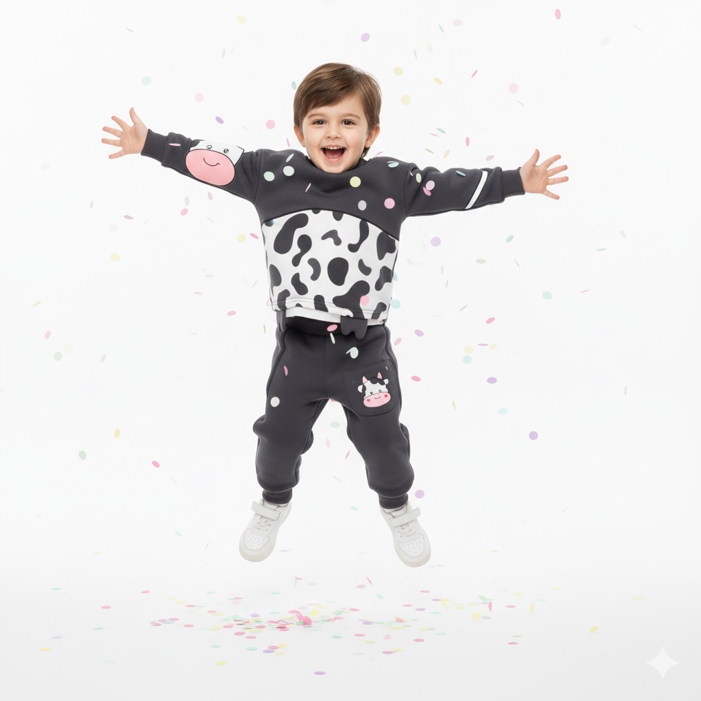 Kids Cow & Cat Print Fleece Winter Suit