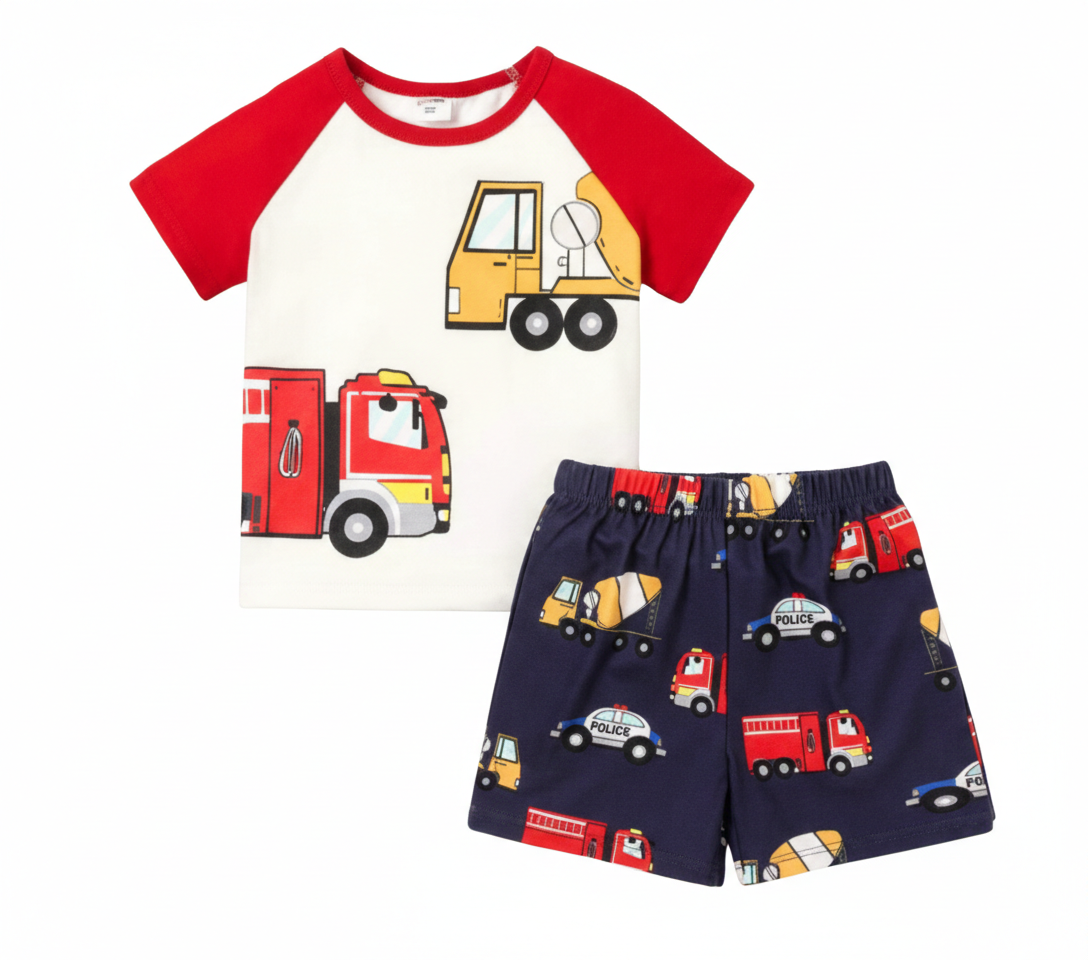 Kids Raglan Sleeve Fire Truck & Police Car Cotton Outfit