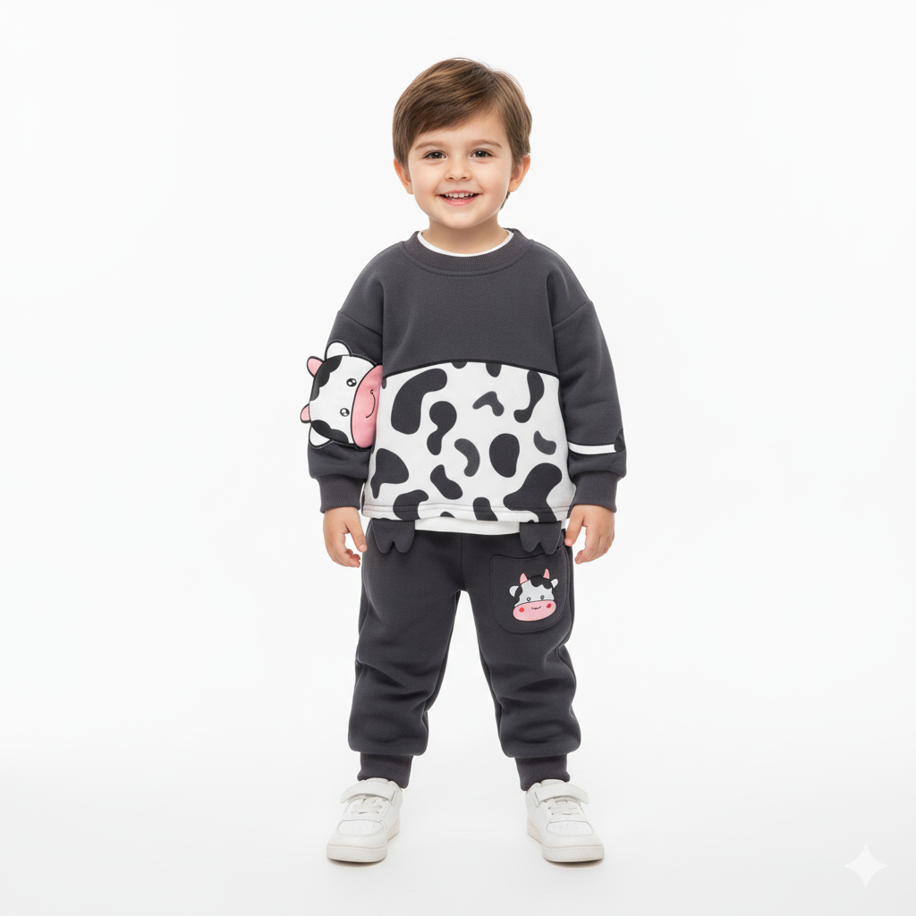Kids Cow & Cat Print Fleece Winter Suit