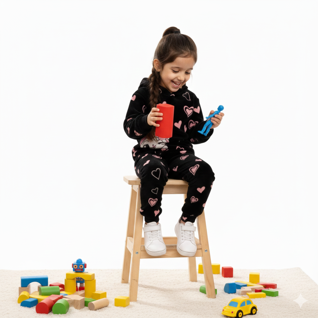 Girls Winter Fleece Hoodie Suit – Heart Print | Ages 1 to 10