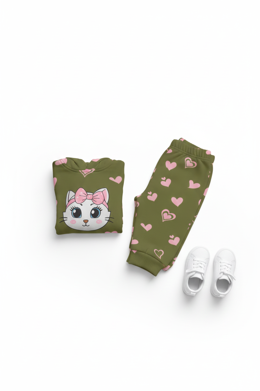 Girls Winter Fleece Hoodie Suit – Heart Print | Ages 1 to 10