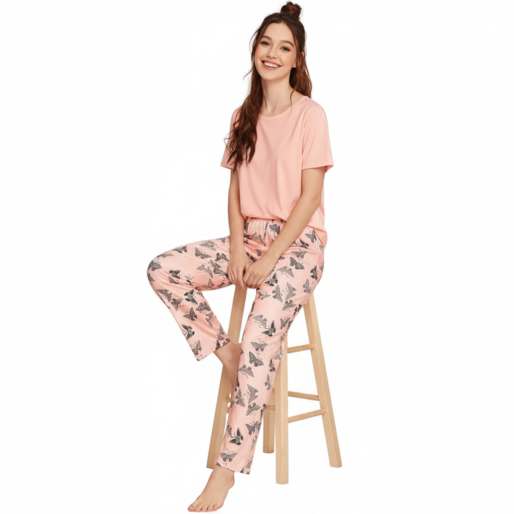 🌸 Peach Butterfly Printed Night Suit)