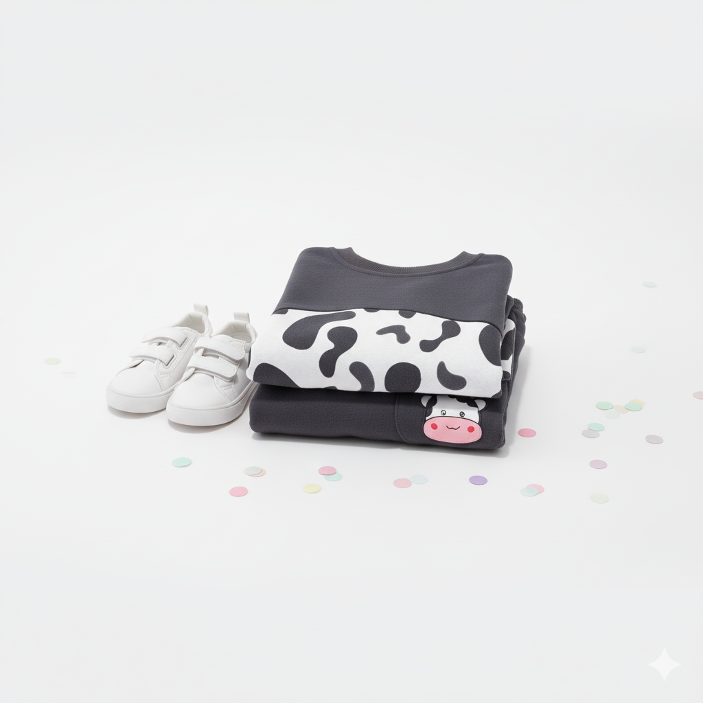 Kids Cow & Cat Print Fleece Winter Suit