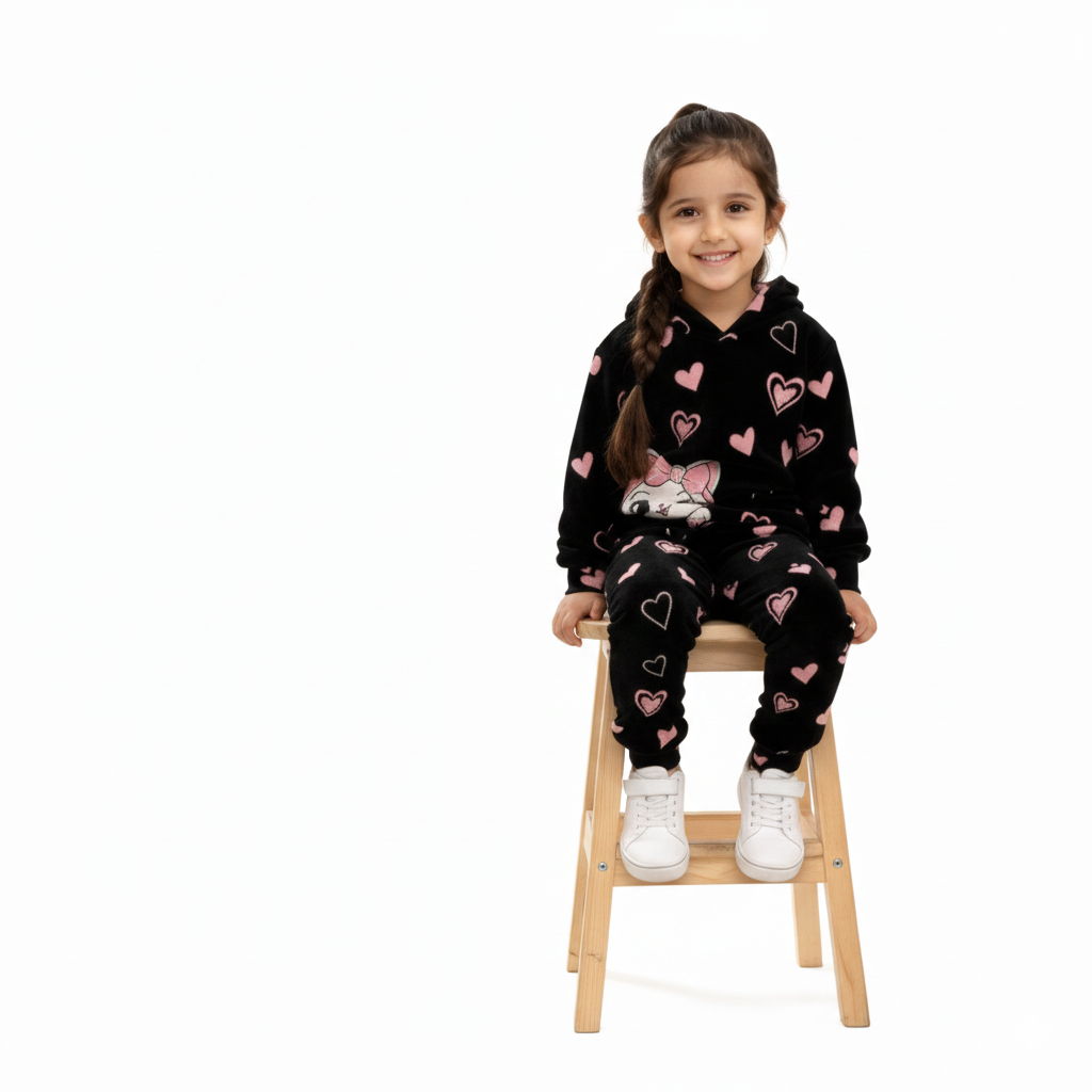 Girls Winter Fleece Hoodie Suit – Heart Print | Ages 1 to 10