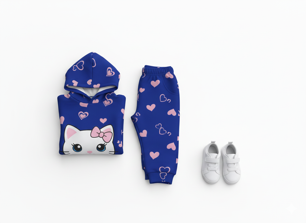 Girls Winter Fleece Hoodie Suit – Heart Print | Ages 1 to 10