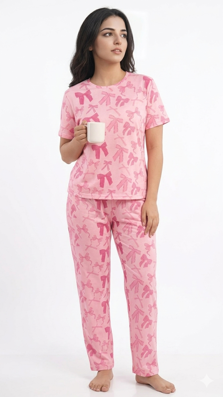 Pinky Bow Pattern Night Suit