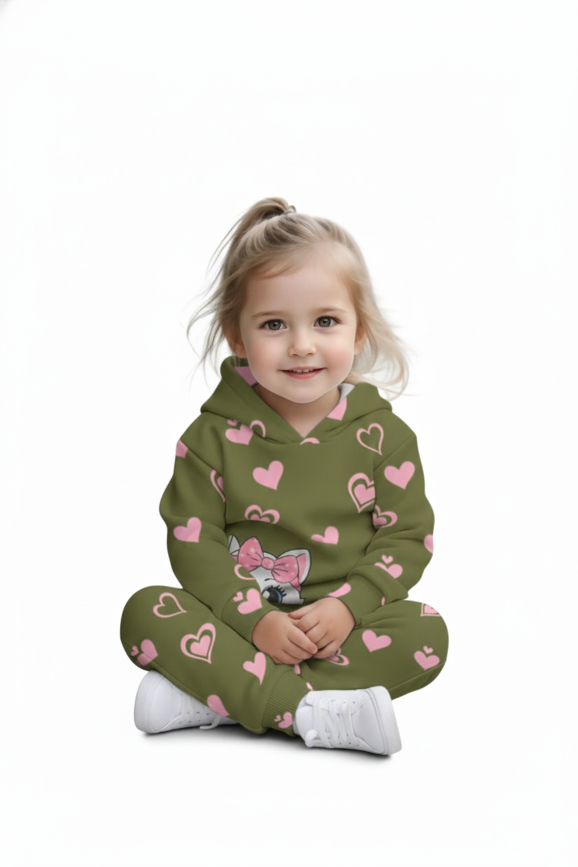 Girls Winter Fleece Hoodie Suit – Heart Print | Ages 1 to 10