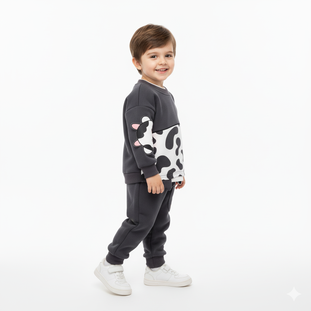 Kids Cow & Cat Print Fleece Winter Suit