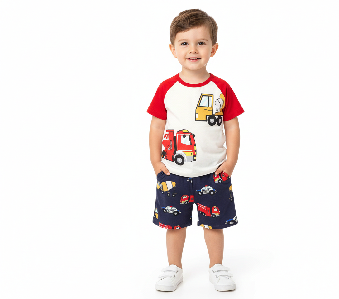Kids Raglan Sleeve Fire Truck & Police Car Cotton Outfit