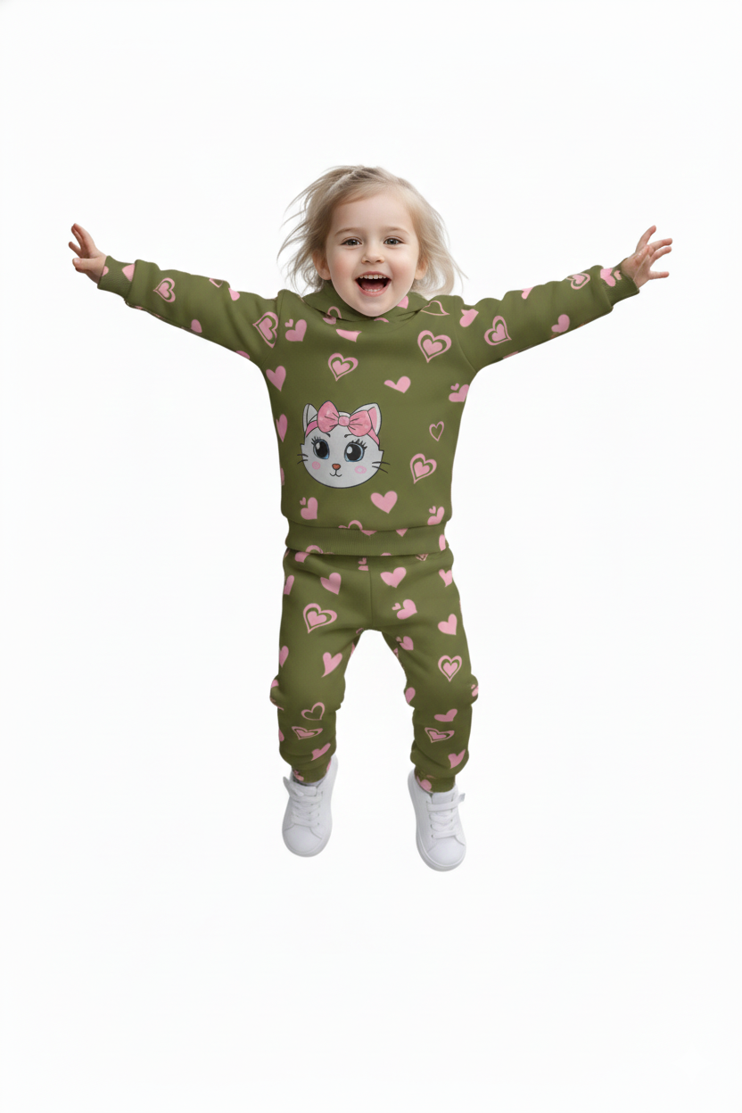 Girls Winter Fleece Hoodie Suit – Heart Print | Ages 1 to 10