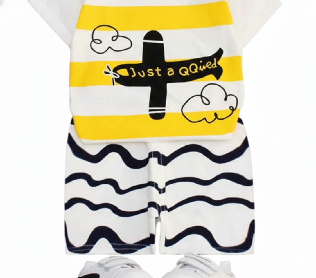 Little Pilot" Yellow Striped Airplane Summer Set