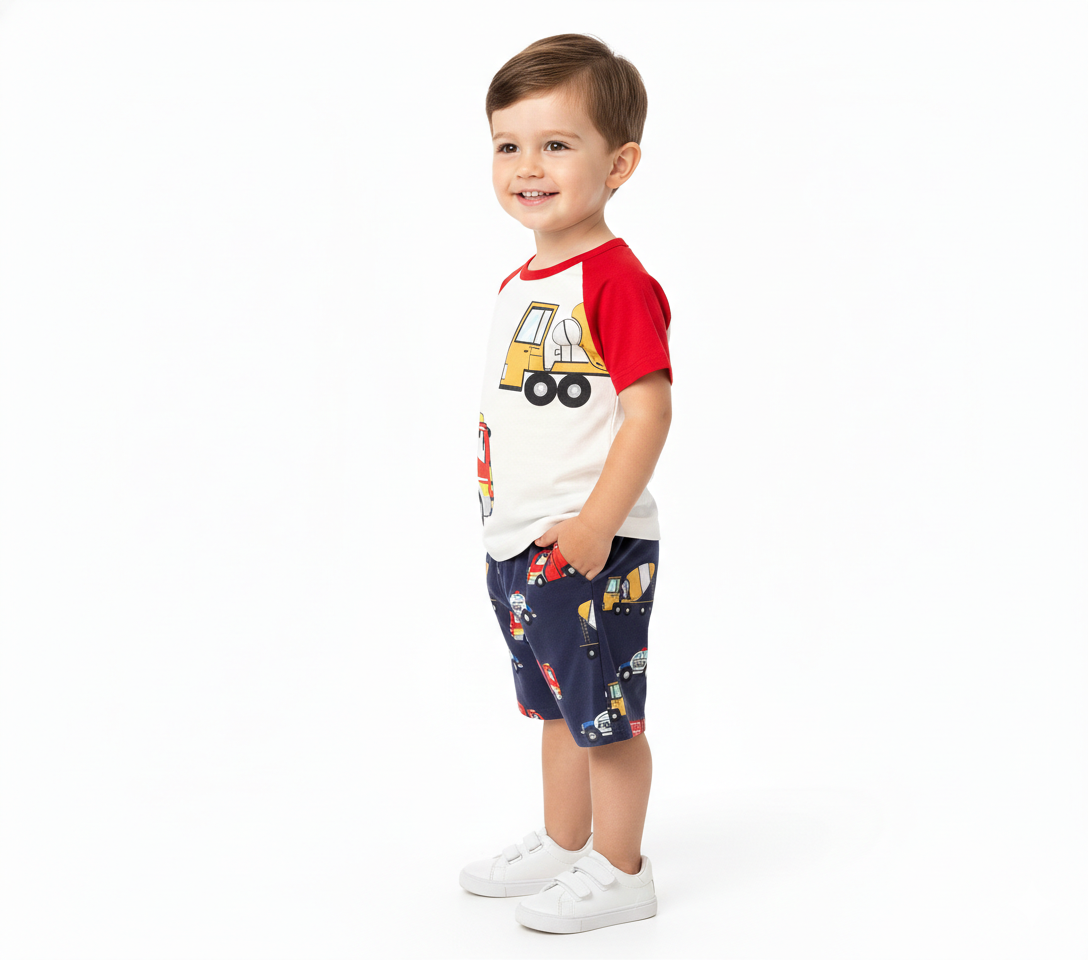 Kids Raglan Sleeve Fire Truck & Police Car Cotton Outfit