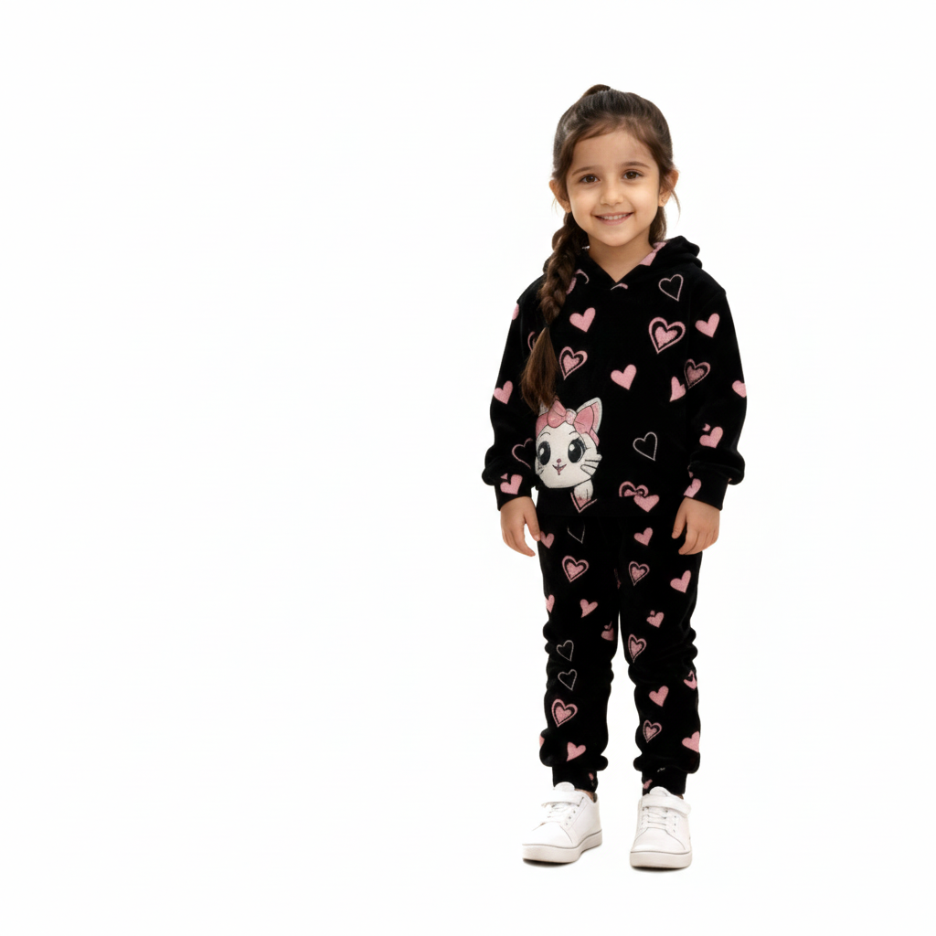 Girls Winter Fleece Hoodie Suit – Heart Print | Ages 1 to 10