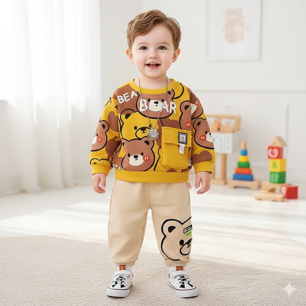 Yellow & Brown Bear Kids Winter Fleece Suit (Soft & Warm)