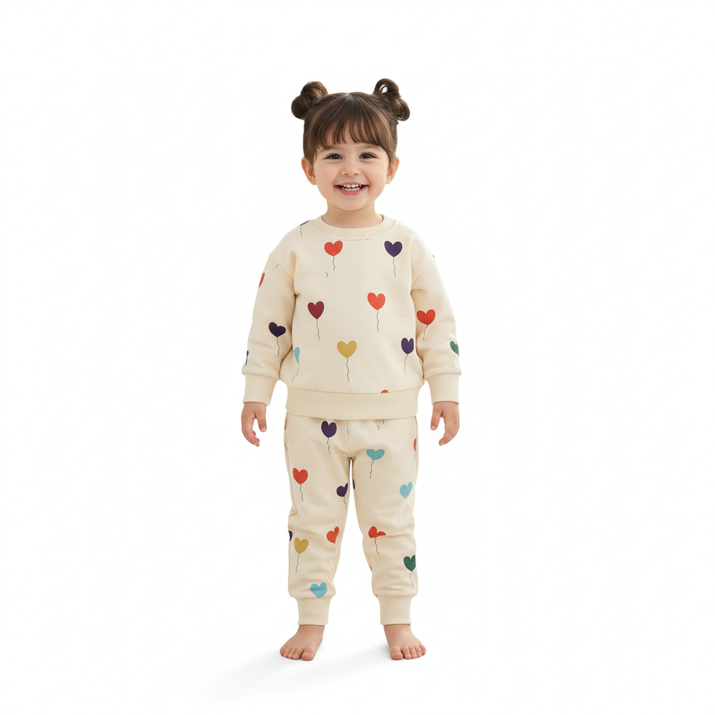 Heart Printed Girls Winter Fleece Suit (1 to 10 Years)