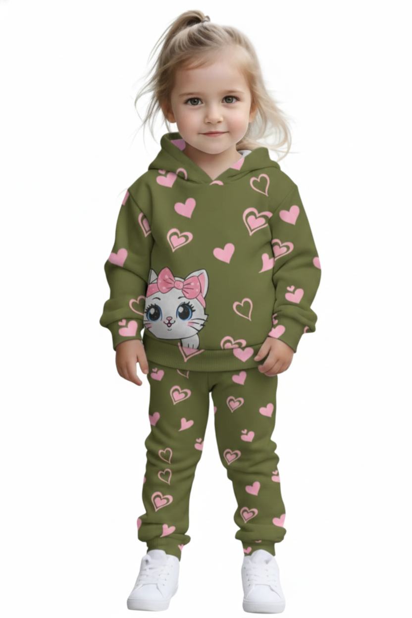 Girls Winter Fleece Hoodie Suit – Heart Print | Ages 1 to 10