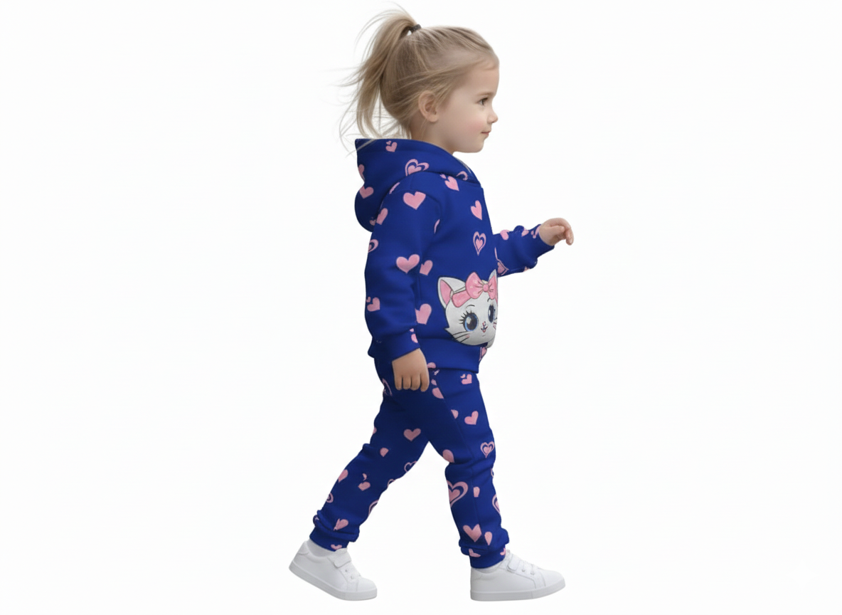 Girls Winter Fleece Hoodie Suit – Heart Print | Ages 1 to 10