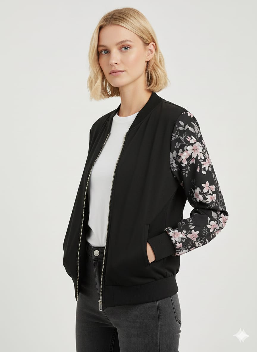 Floral Sleeve Bomber Jacket for Women