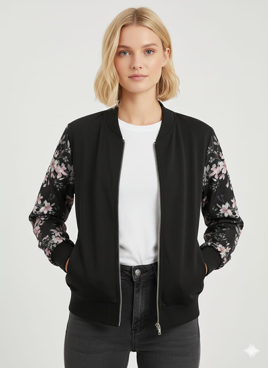 Floral Sleeve Bomber Jacket for Women