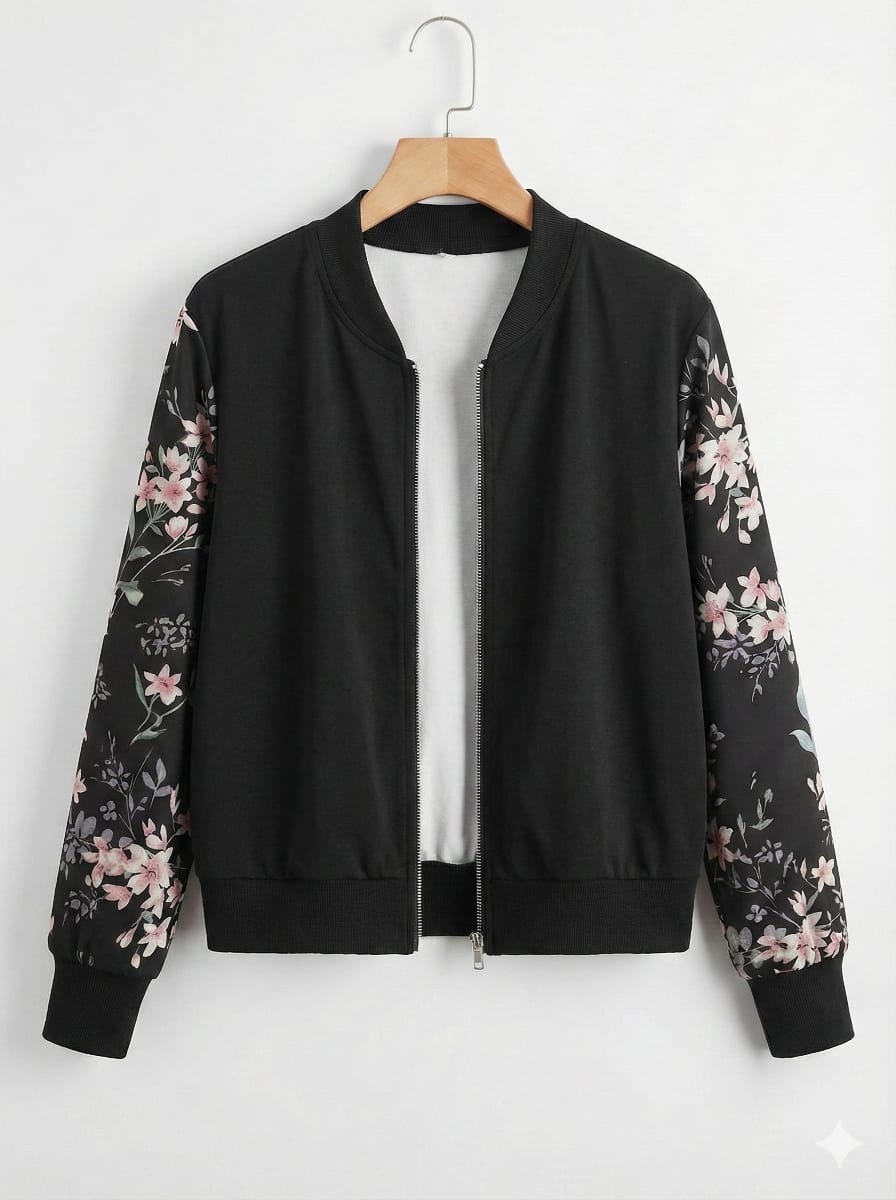 Floral Sleeve Bomber Jacket for Women
