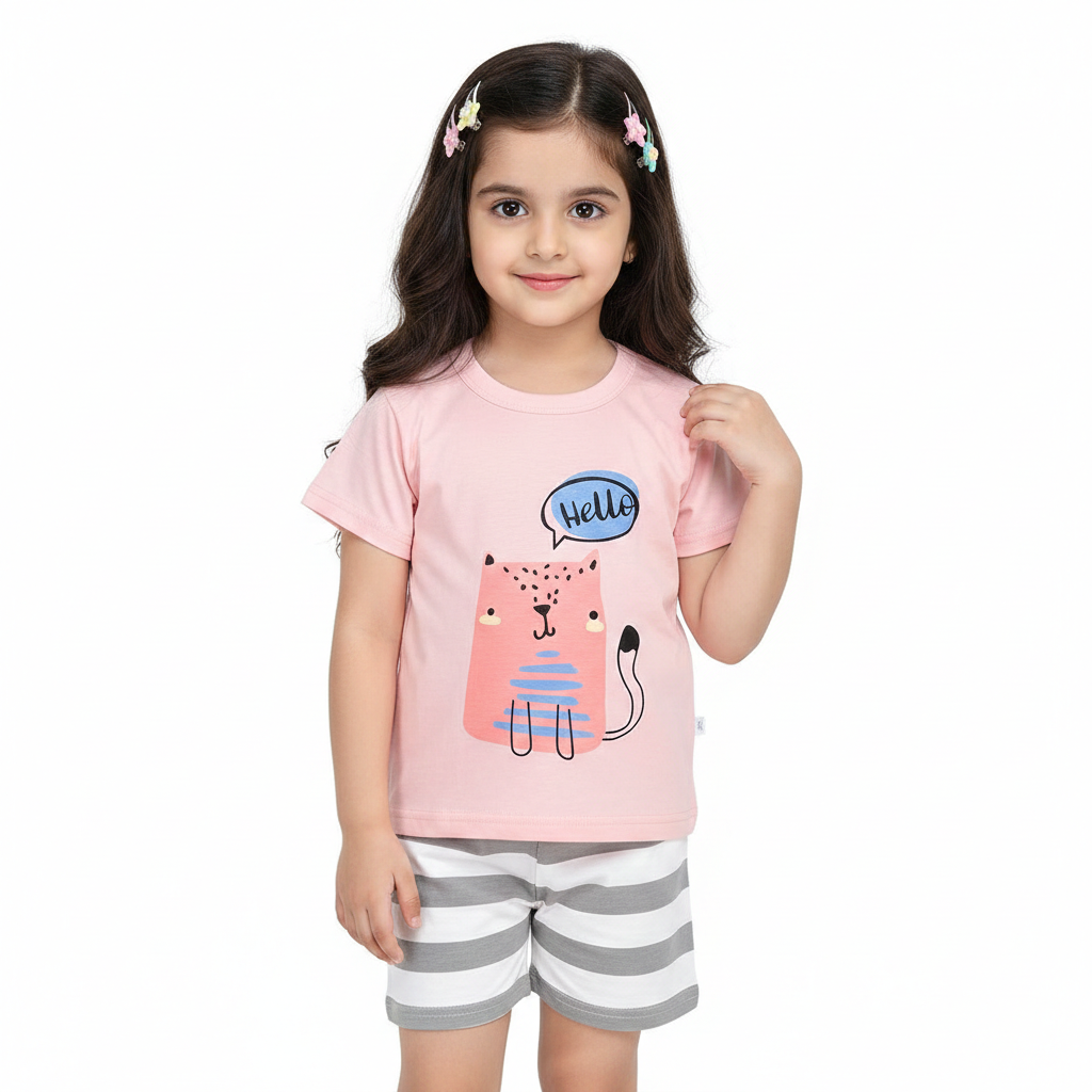 Sweet Pink "Hello" Cat Graphic Tee & Grey Striped Shorts Set