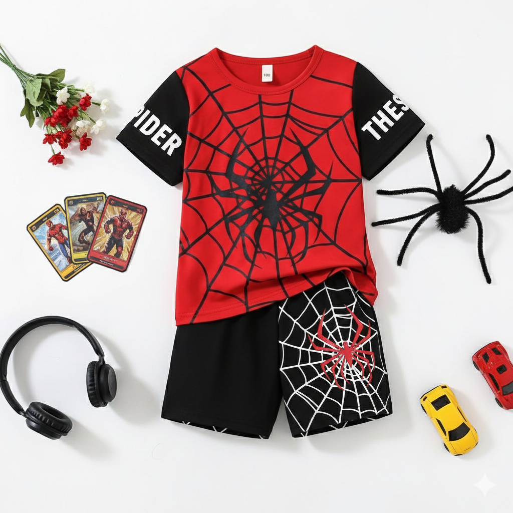 Red & Black Superhero Graphic Tee with Matching Webbed Shorts