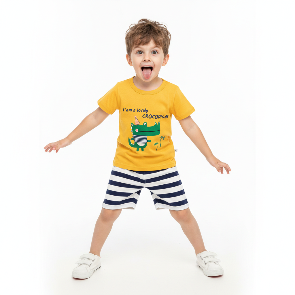 Playful Mustard Yellow Crocodile Print Summer Suit with Nautical Striped Shorts