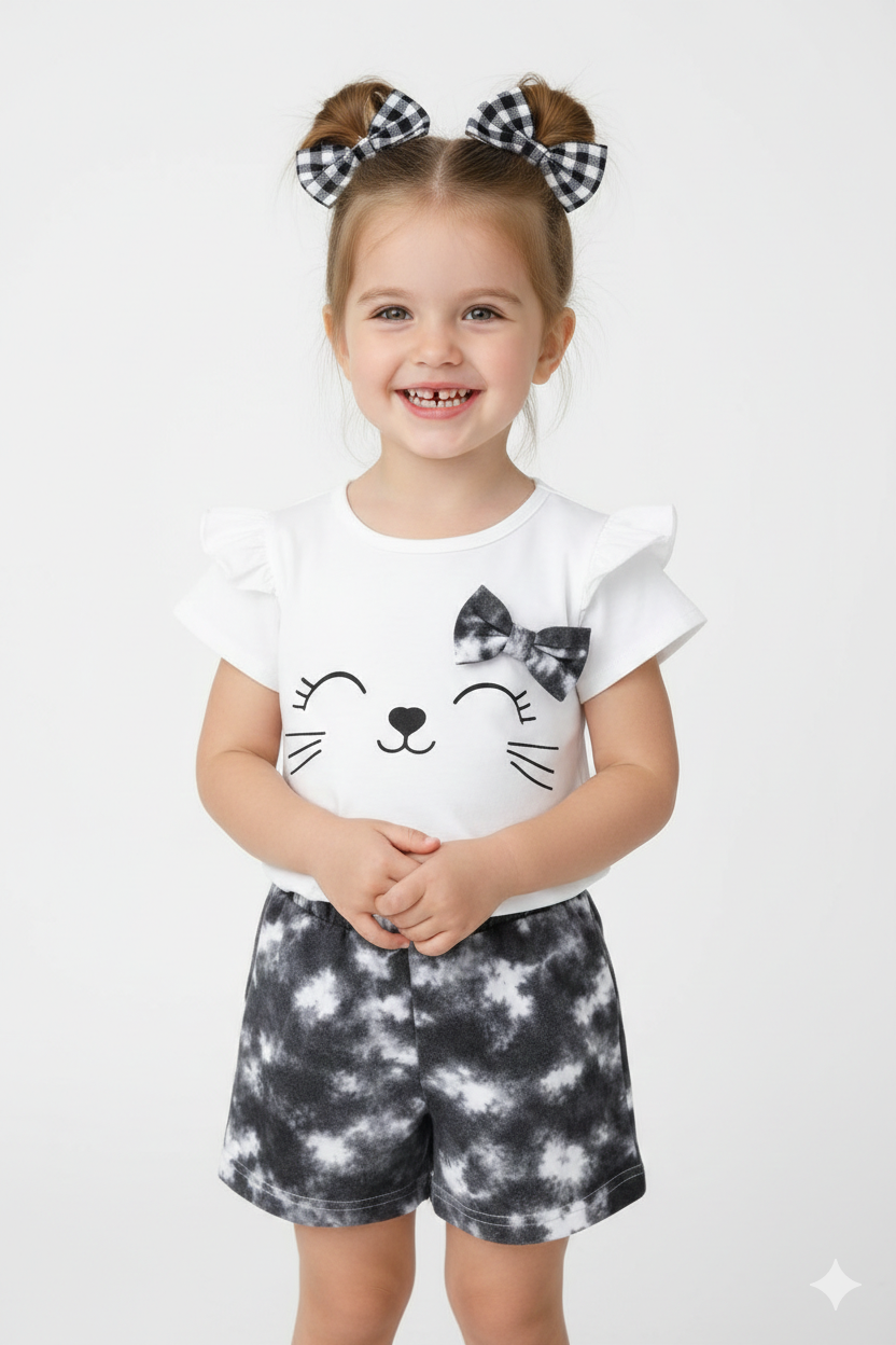 Tie-Dye Shorts aur Cat T-shirt ka perfect combo