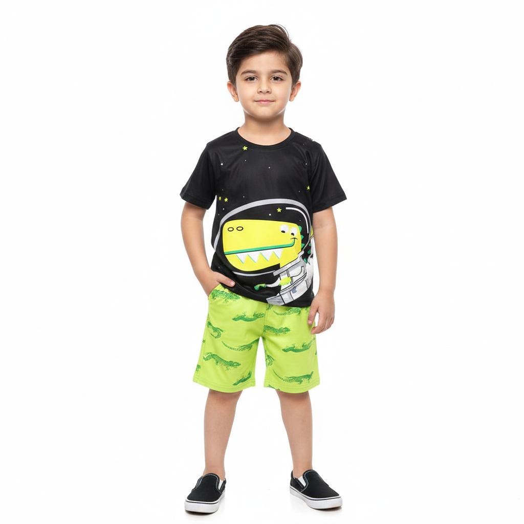 Space Adventure Dino Graphic Tee with Neon Green Printed Shorts
