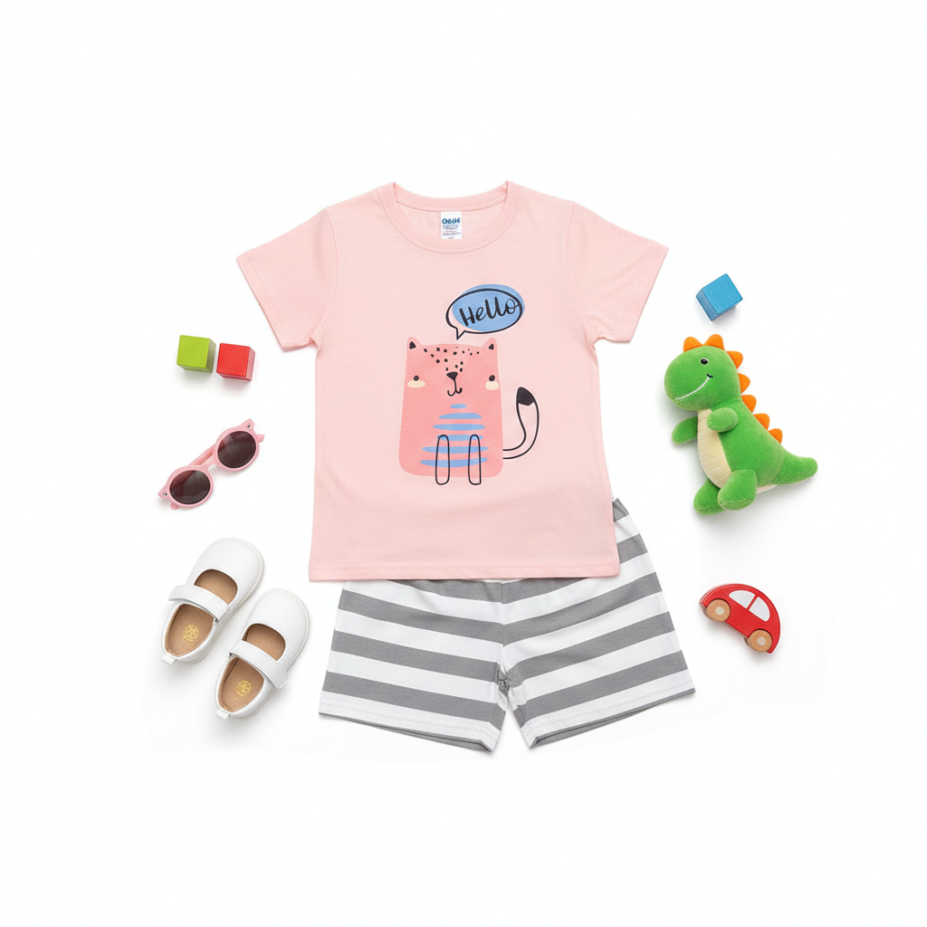 Sweet Pink "Hello" Cat Graphic Tee & Grey Striped Shorts Set