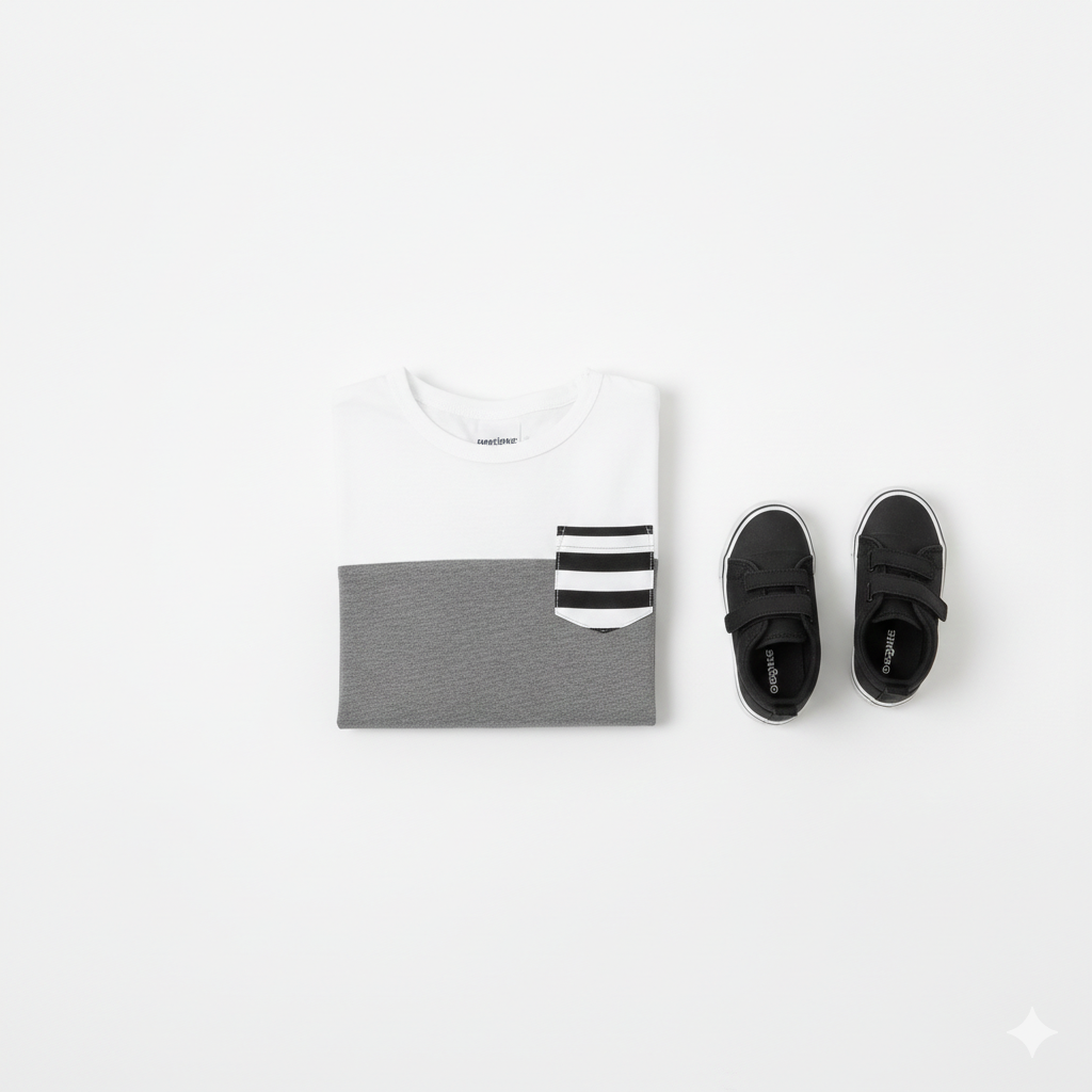 Minimalist Grey & White Color-Block Set with Striped Pocket Detail