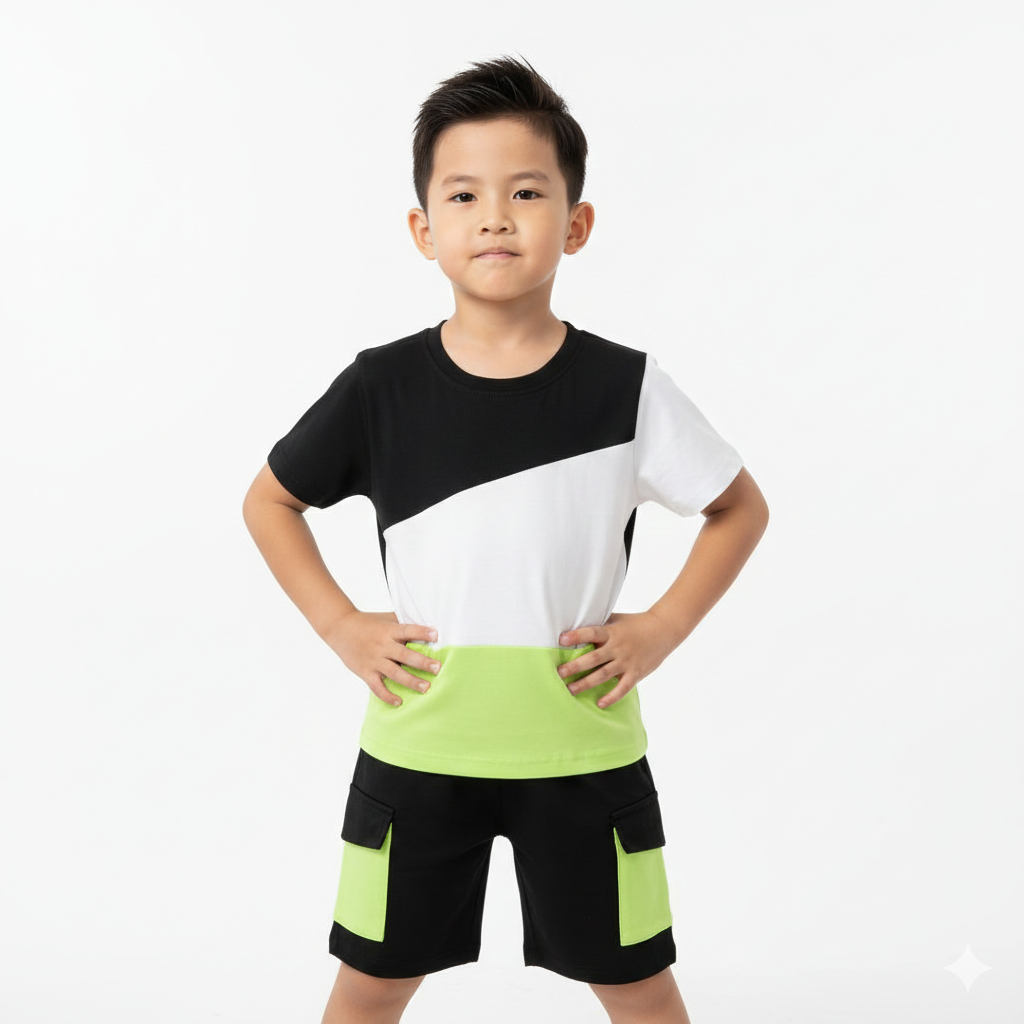 Trendy Kids' Tri-Color Patchwork Tee & Cargo-Style Shorts