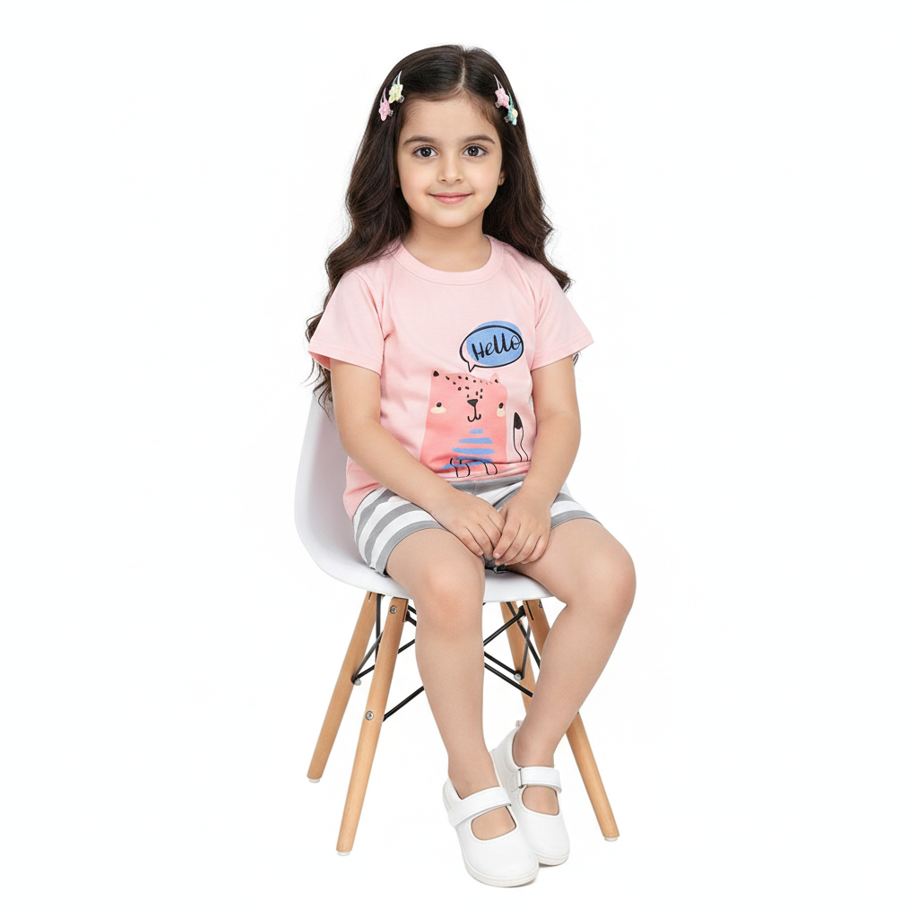 Sweet Pink "Hello" Cat Graphic Tee & Grey Striped Shorts Set