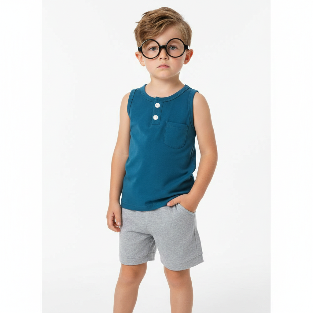 Smart Summer Sleeveless Set - Teal Button-Up Vest with Grey Cotton Shorts
