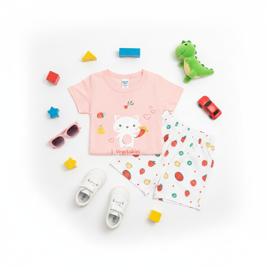 Adorable Pink Kitten & Strawberry Pattern Summer Outfit for Toddlers