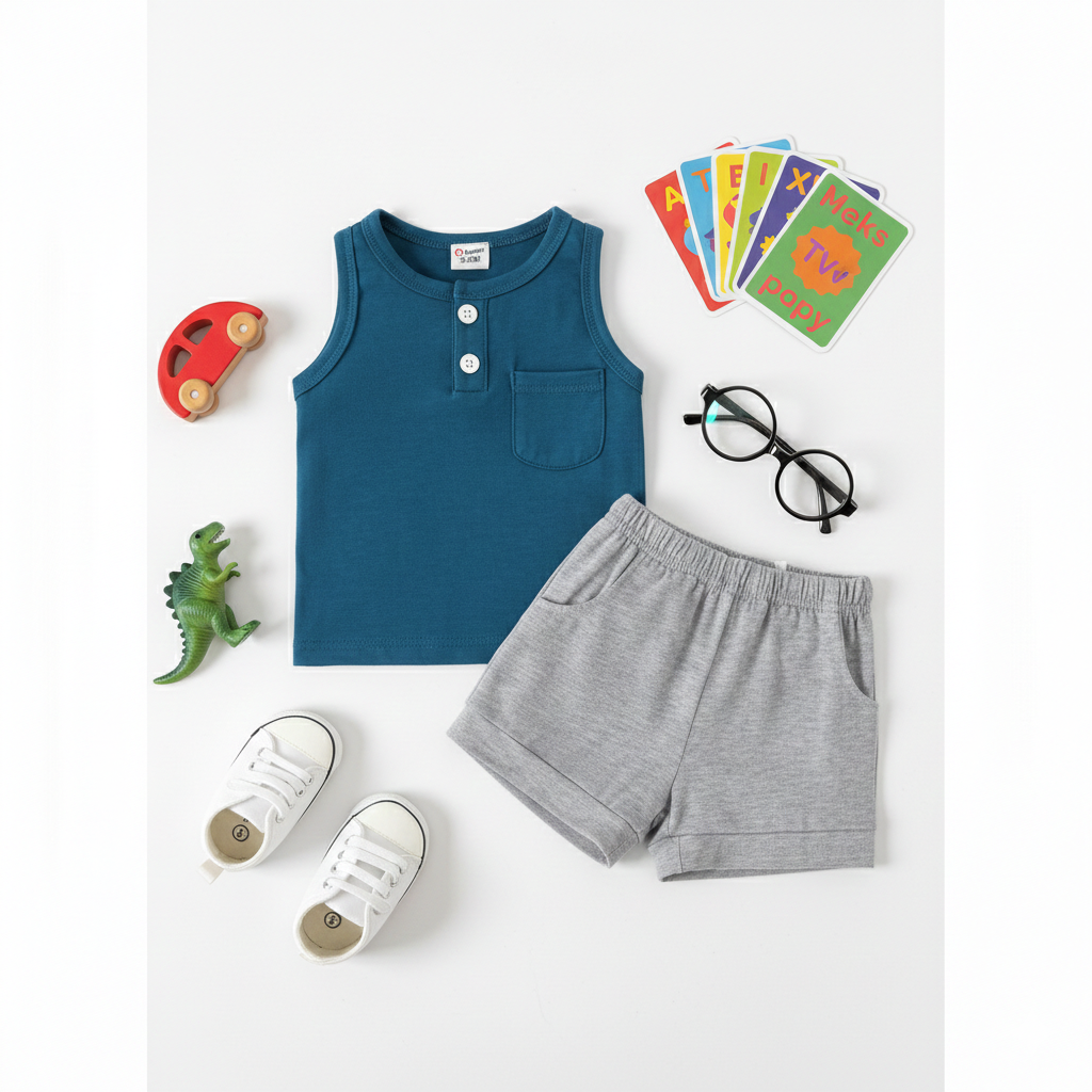 Smart Summer Sleeveless Set - Teal Button-Up Vest with Grey Cotton Shorts