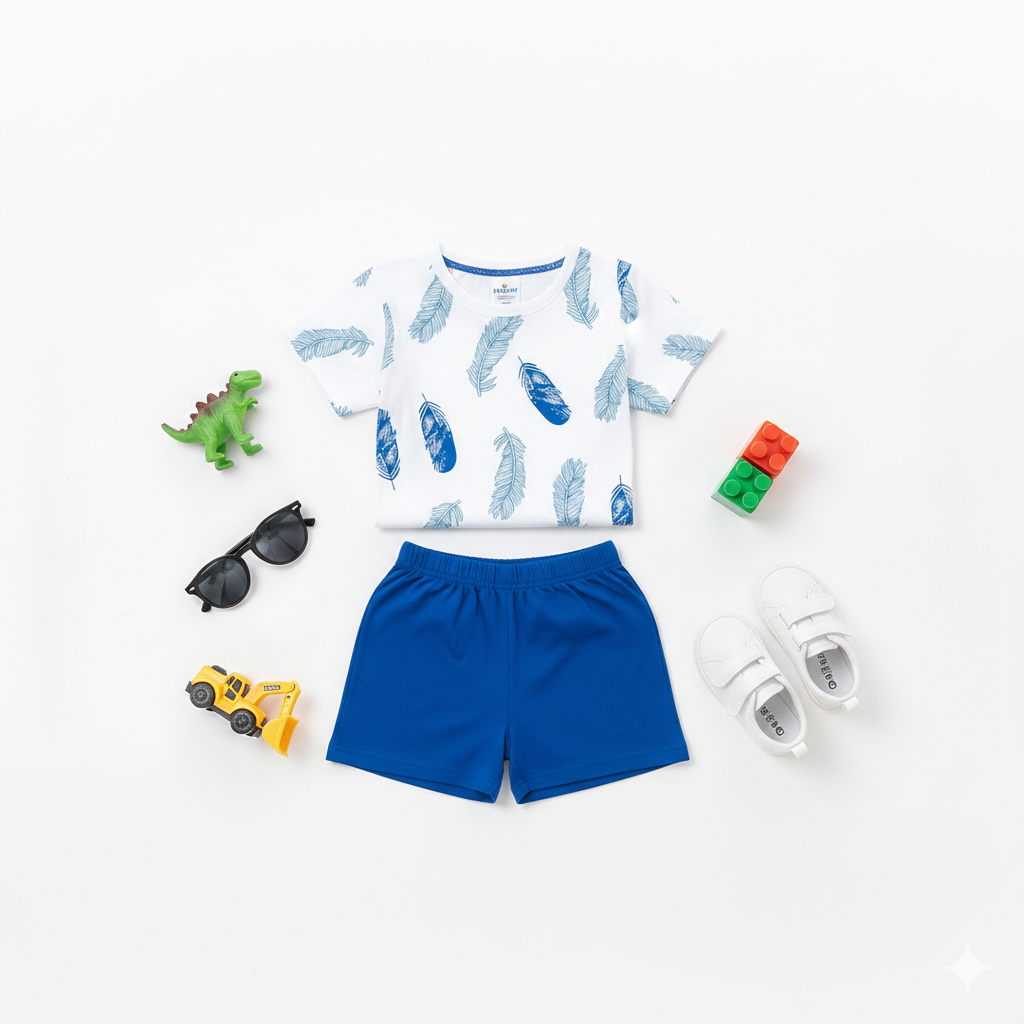 Tropical Breeze Blue Feather Print T-Shirt & Shorts Set