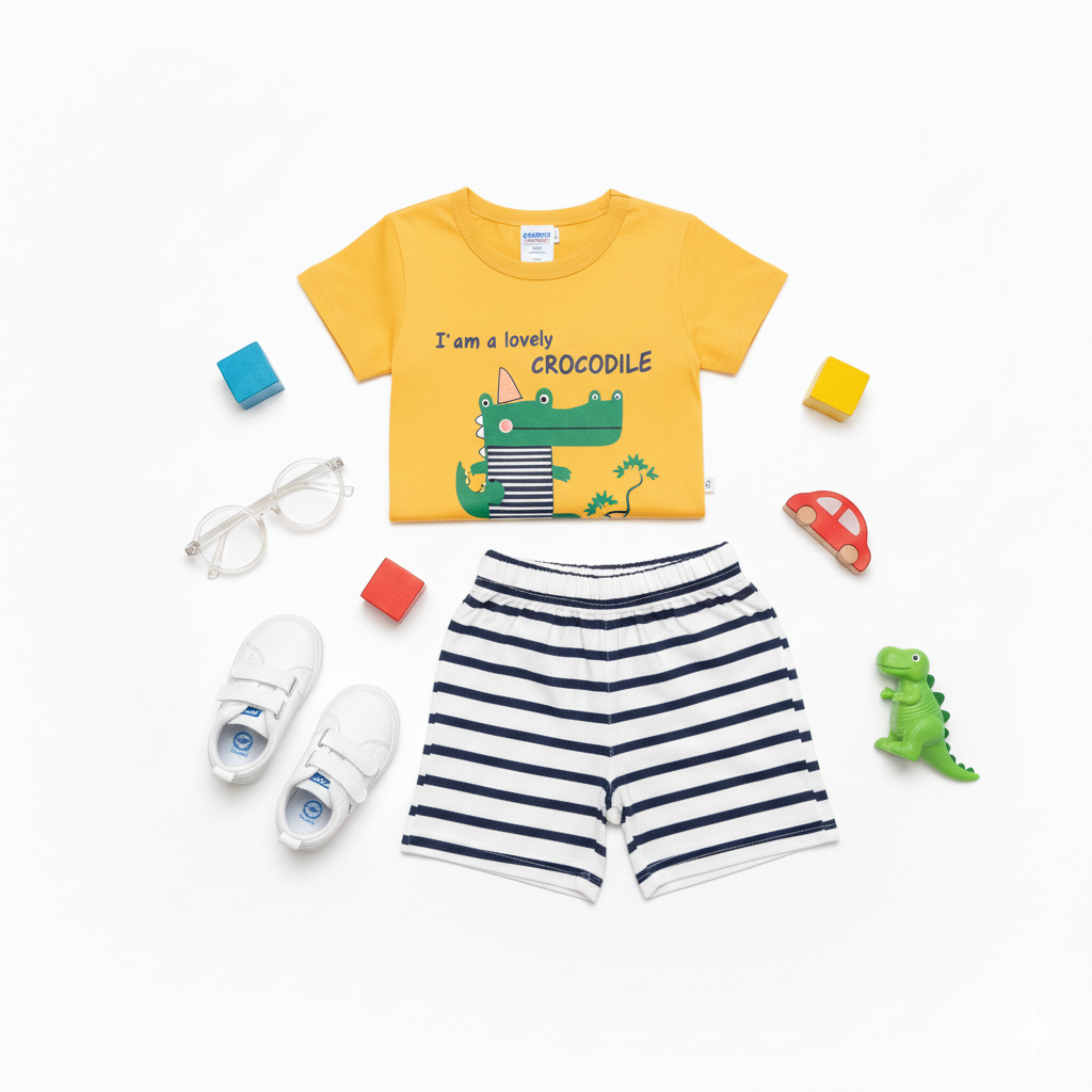 Playful Mustard Yellow Crocodile Print Summer Suit with Nautical Striped Shorts
