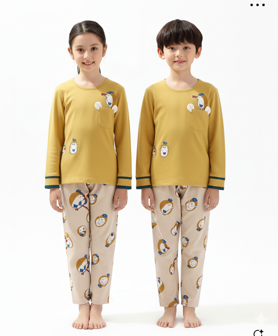 Adorable Hedgehog Print Long-Sleeve Pajama Set for Kids"