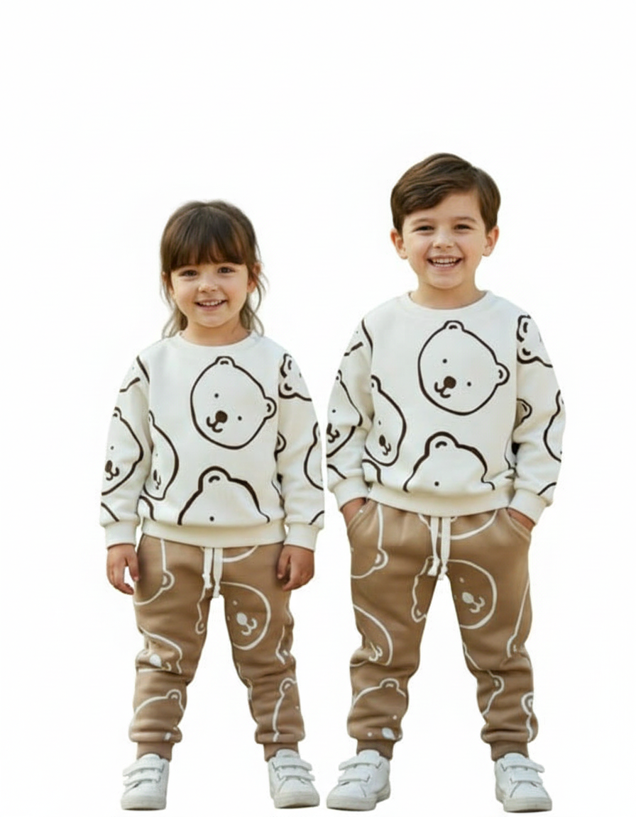 Unisex White & Brown Bear Fleece Suit for Kids