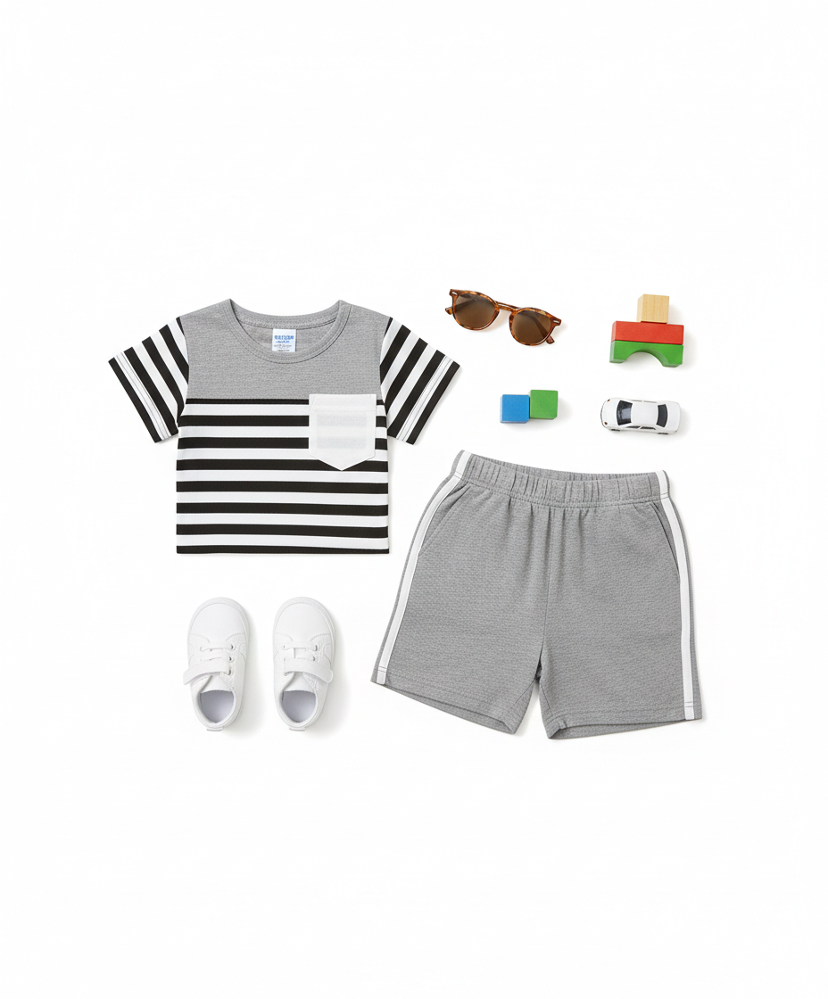 Minimalist Grey & White Set with Striped Pocket Detail