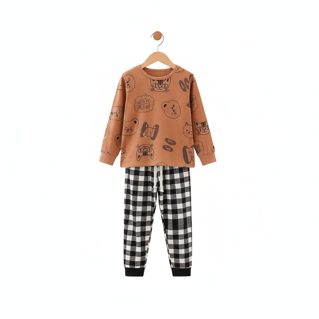 Brown Animal Print Sweatshirt aur Black-White Checked Pajama Set"