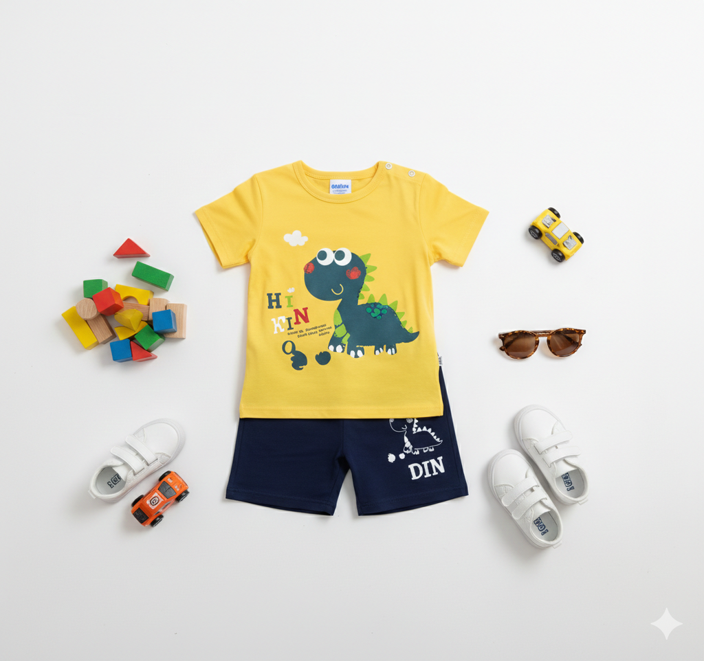 Hi Dino" Graphic Tee & Navy Shorts Set