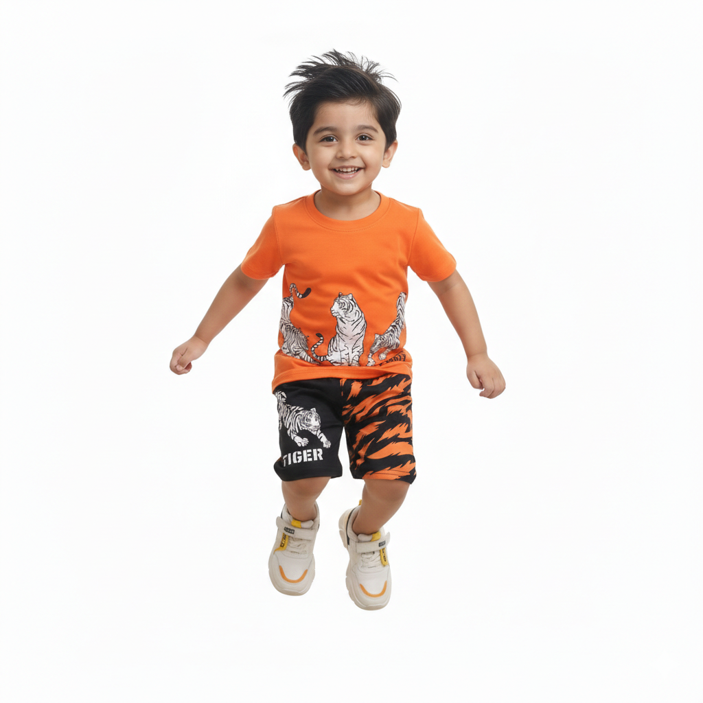 Vibrant Orange Tiger Graphic Tee & Shorts Set