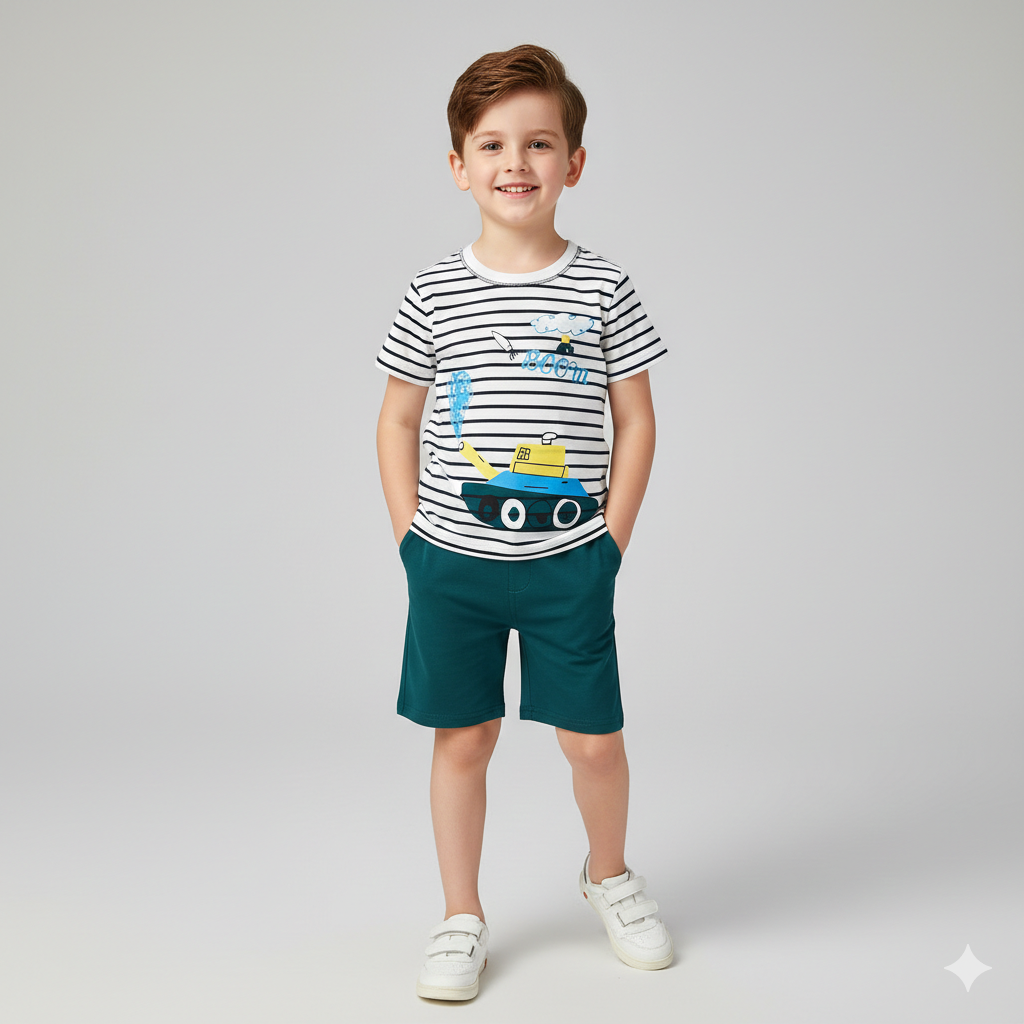 Trendy "BOOM" Tank Print T-Shirt & Shorts Set - Toddler Boys