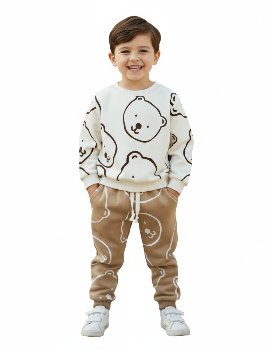 Unisex White & Brown Bear Fleece Suit for Kids