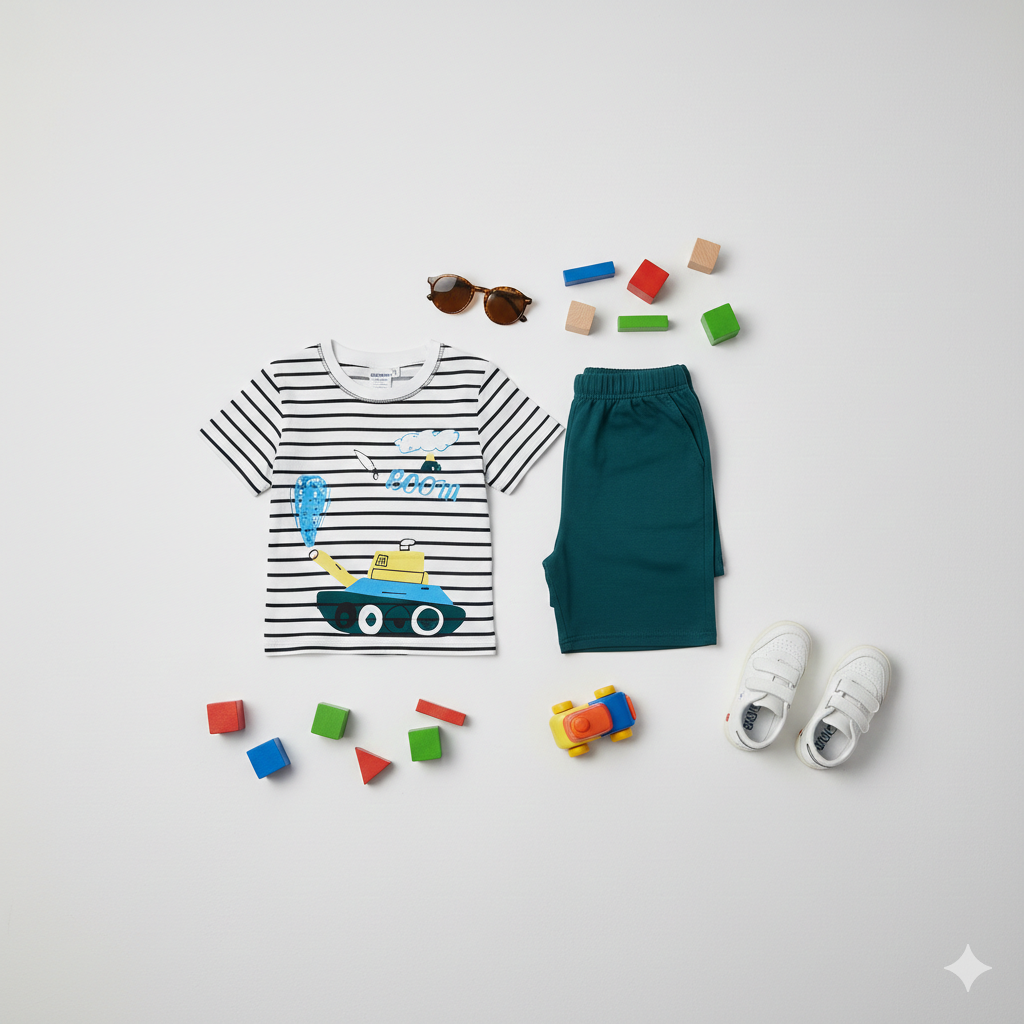 Trendy "BOOM" Tank Print T-Shirt & Shorts Set - Toddler Boys