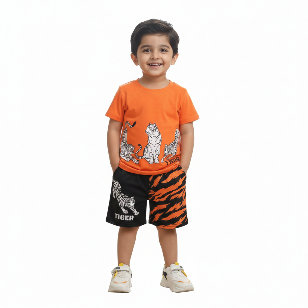 Vibrant Orange Tiger Graphic Tee & Shorts Set