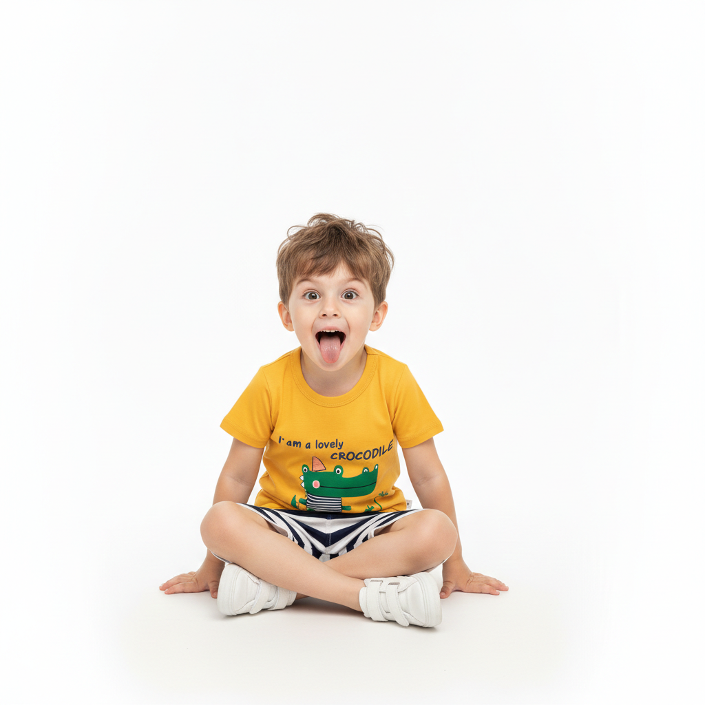 Playful Mustard Yellow Crocodile Print Summer Suit with Nautical Striped Shorts