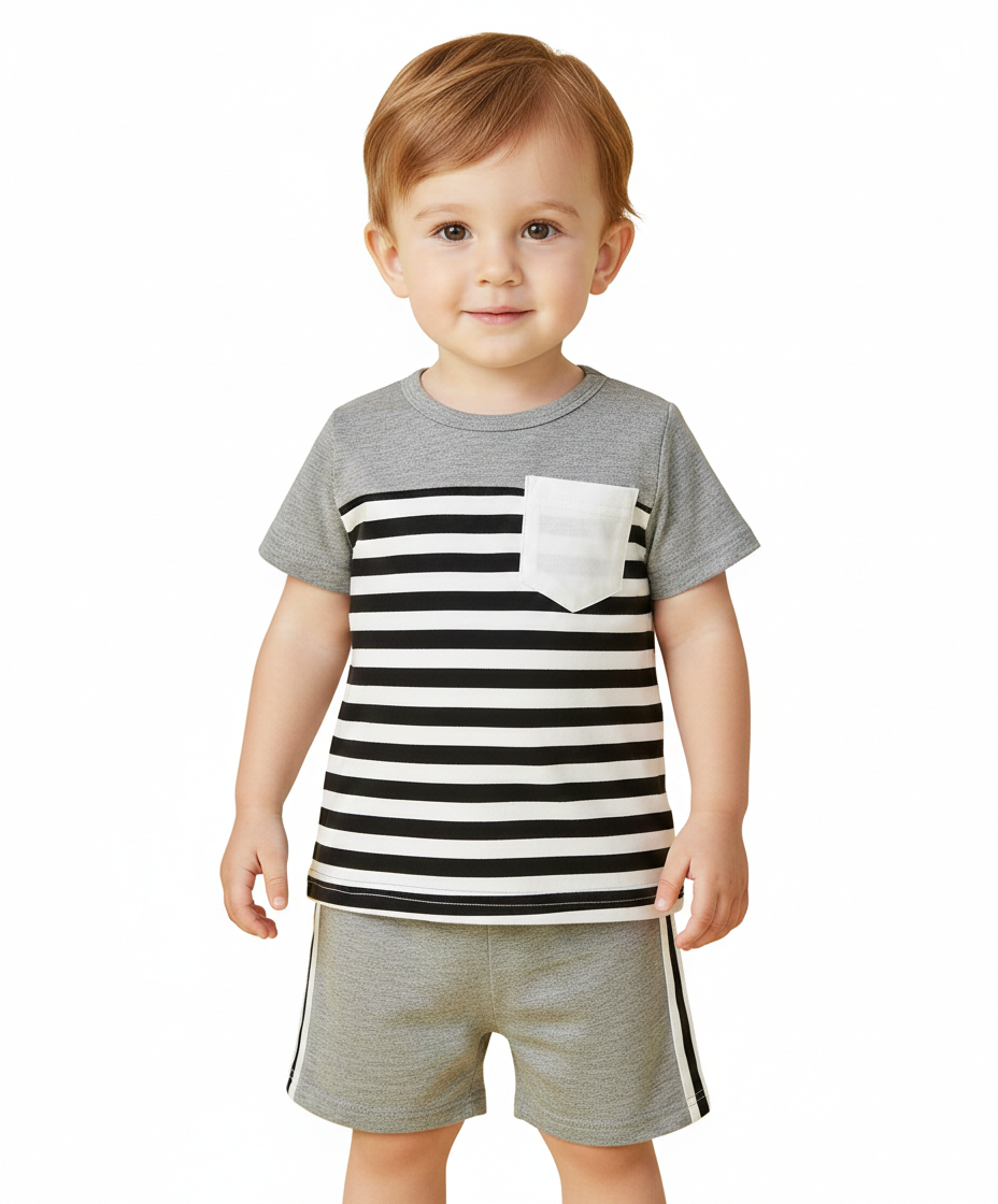 Minimalist Grey & White Set with Striped Pocket Detail